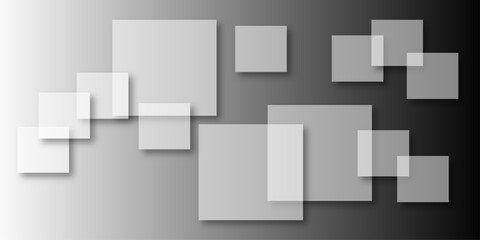 Overlapping Geometric Squares and Rectangles in Shades of Black white Evoking Order and Balance. black gradient background with transparent polygonal shapes and modern design elements. square design.