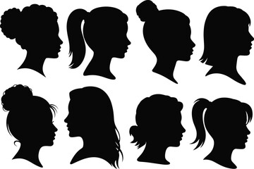 Silhouettes of Female Heads with Various Hairstyles, Side Profile Collection, Isolated on White Background, Beauty, Fashion, and Hair Design Concept
