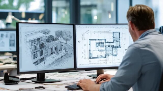 Architect at Work: An architect meticulously analyzes detailed blueprints and 3D renderings on a dual-monitor setup, highlighting dedication in his design process.
