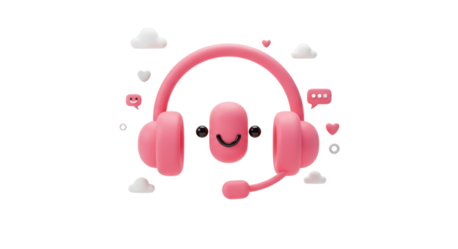 Charming 3D character with pink headphones smiling and surrounded by cute icons, perfect for tech and communication