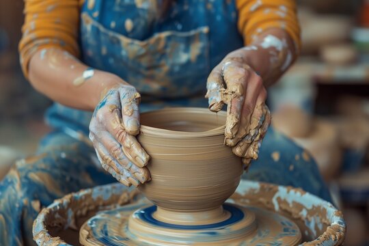Female artist's hands making handmade vase in pottery workshop interior. - Powered by Adobe