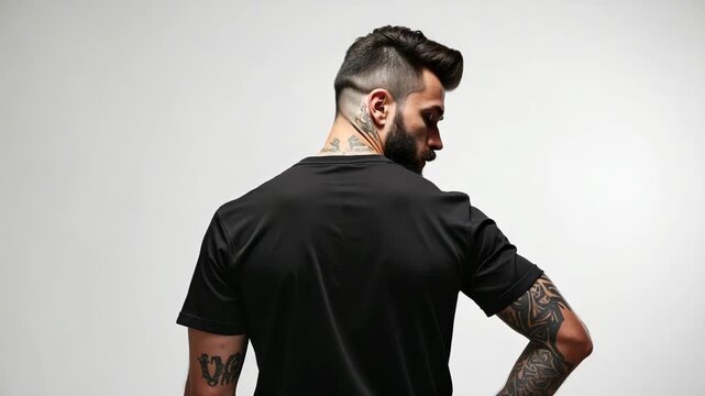 Brutal attractive bearded biker man with tattooed hands poses backside in black blank t-shirt from premium thin cotton, isolated on white mockup.