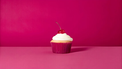 Single vanilla cupcake cherry on pale beige background