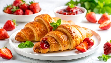 Freshly baked croissants filled with strawberry jam, accompanied by fresh strawberries and mint