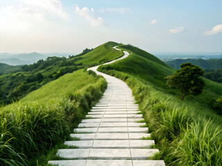 White stone path winding up green hill