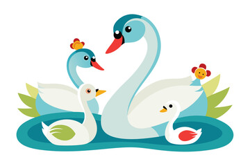 Naklejka premium Swan Family Illustration with Decorative Elements Adorable Cartoon Swans Swimming in a Serene Pool