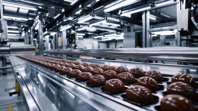 Automated chocolate candy production in modern industrial factory with conveyor technology