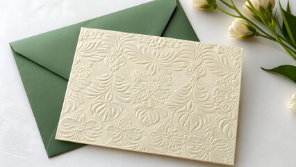 Luxury cream embossed wedding invitation with envelope green