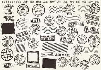 Vintage Travel Stamps grunge postage stamp set. Old destination Post stamp collection. Retro grunge postmark. Vintage grunge postage stamp. Postal Vector illustration image. Isolated on background.