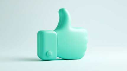 Stylish thumbs-up icon in vibrant mint color on soft background.