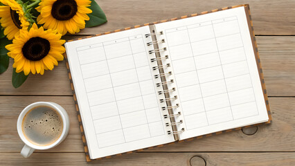 Weekly planner with coffee and sunflowers flatlay
