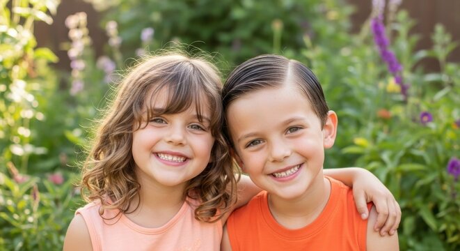 Joyful siblings embrace in sun-drenched garden, sharing laughter and pure childhood happiness outdoors