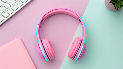 Neon pink headphones on pastel desk scene