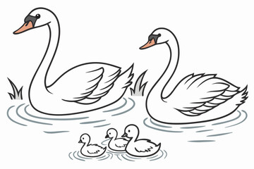Graceful Swans and Ducklings Serene Water Scene Peaceful Wildlife Illustration