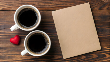 Romantic coffee flatlay with heart and blank notecard