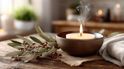 Warm light from a burning candle in a clay bowl creates a cozy ambiance amidst dry leaves on a wooden table