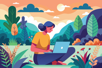 Fototapeta premium Vector illustration of a person working on a laptop in a vibrant outdoor setting surrounded by nature during sunset
