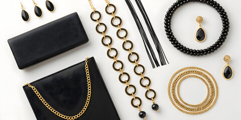 Overhead flatlay of black and gold jewelry with accessories