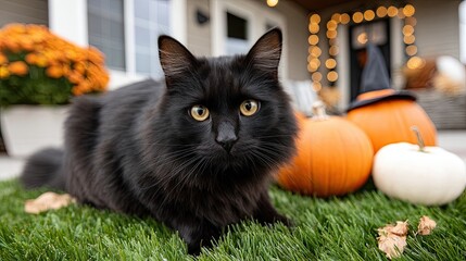 A cozy porch is adorned with Halloween decorations, while a black cat lounges in a garden filled with pumpkins and cozy lights
