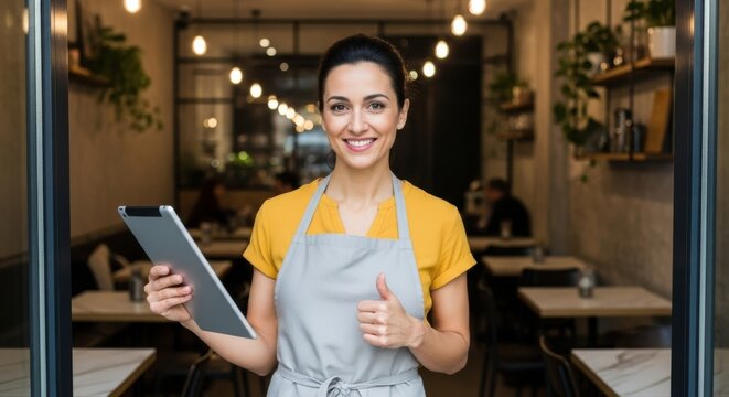 A smiling female restaurant owner welcomes customers with a thumbs up