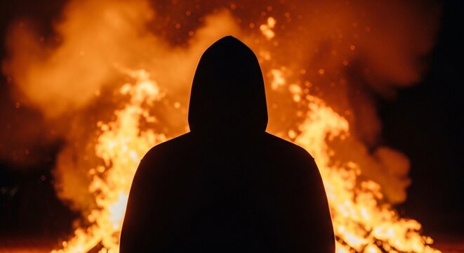 Silhouette of hooded figure standing before a large fire creating a dramatic and intense scene