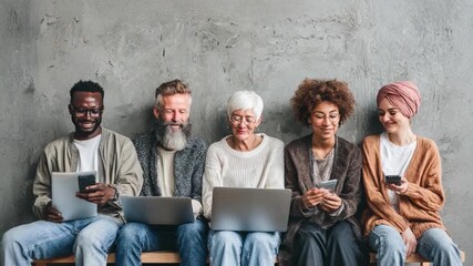 Group of people with diverse ethnicity use devices: A multi-ethnic group, seated together, engage with different digital devices, capturing a moment of modern connectivity and social harmony. - Powered by Adobe