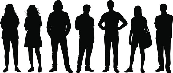 Silhouette of young diverse people group standing together, modern youth characters in casual clothes,
