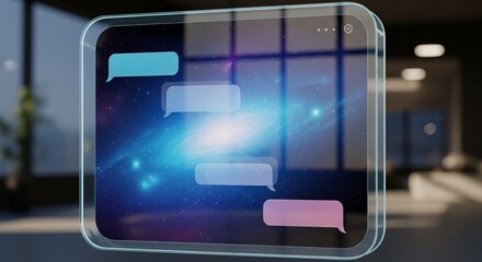 Futuristic transparent device showing chat bubbles and a nebula background in a blurred setting