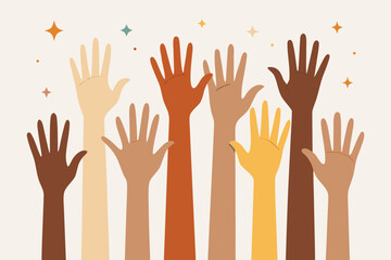 Diverse hands raised in unity and celebration