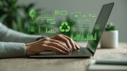 Eco-Friendly Tech: A person uses a laptop with an interface overlay, highlighting recycling and sustainability. The image captures a modern approach to environmental consciousness.