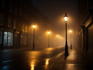 Foggy street with gas lamps at night urban