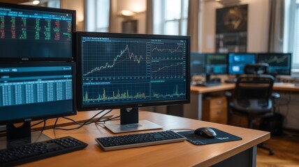 Modern Trading Desk with Stock Market Analysis Displayed