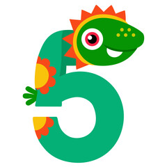 Cartoon Mexican font chameleon lizard number 5 five vector icon on white background.