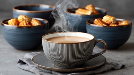 Fototapeta premium A warm bowl filled with corn rests beside steaming coffee, surrounded by dark stoneware bowls brimming with fresh corn on the cob