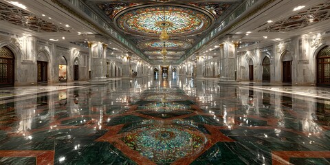 Luxurious Grand Hall Interior with Vibrant Stained Glass Domes and Polished Marble Reflections
