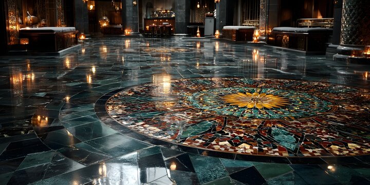 Opulent Circular Mosaic Floor Reflecting Warm Candlelight in a Grand, Dark Interior