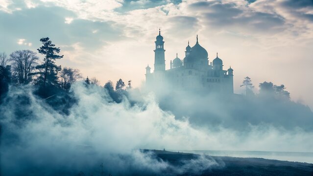 Misty morning clouds drift over the city skyline, silhouetting a medieval church tower against the sunrise - Powered by Adobe