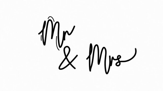 Mr & mrs One line continuous animated typography intro outro, mister misses hand drawn calligraphy monoline vintage text on background, aniamted Calligraphy lettering animation video, black on white