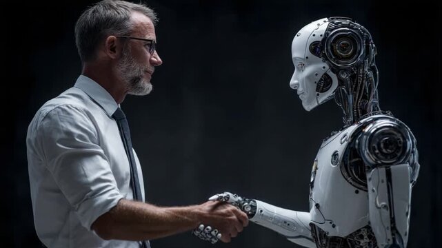 Digital Agreement: A powerful illustration of collaboration, trust, and progress, two entities shake hands, representing a fusion of human intelligence with digital advancement.
