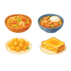 American Food Watercolor Pack #3—Jambalaya, Gumbo, Tater Tots, Grilled Cheese. Watercolor Illustration. Design Element. Clip art. Suitable for artwork design.