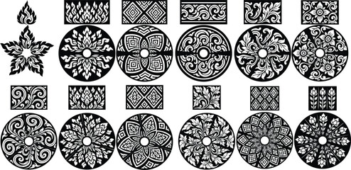 Set of circular Thai traditional patterns in black on white background. Includes various floral and flame motifs. Ideal for decorative design, logos, or cultural artworks.