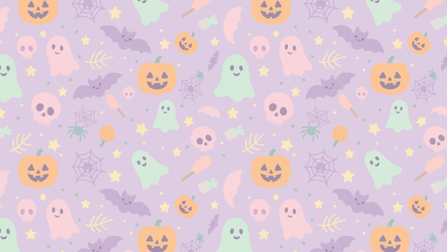 Fototapeta Cute seamless Halloween pattern vector with pastel ghosts, pumpkins, skulls, bats, and stars on purple background. Perfect for kids’ designs, textiles, or seasonal decorations.