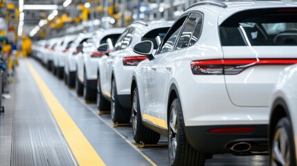 New white cars on assembly line, in a car factory, ready for shipping.