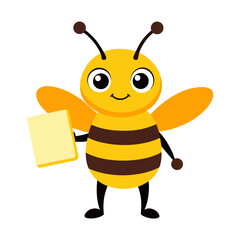 Cartoon honey bee character with signboard vector icon on white background.