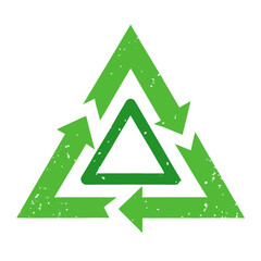 Green recycling arrows forming a triangular symbol with distressed texture