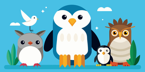 Cute cartoon birds and penguins on a blue background