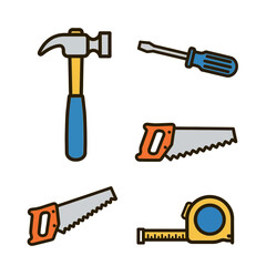 A collection of various tools including a hammer, screwdriver, saws, and tape measure for construction and diy projects