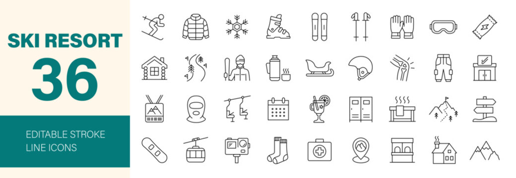 Ski Resort icon set. Containing skiing, slope, snowboard, mountain, lift, cabin, fireplace, winter, helmet, goggles, ski gear and more. Editable line icons. Vector illustration.