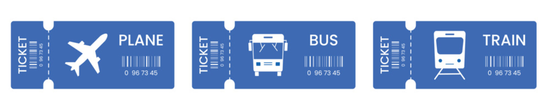 Transport Tickets Set &ndash; Blue Plane, Bus, and Train Icons with Barcode Design