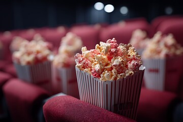 A cinema setting with popcorn served in a dark theater featuring red seating. The scene embodies a family film night, whether action-packed or a romantic comedy.